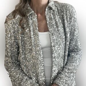 Holiday button down blouse, thick w sequins. NWT